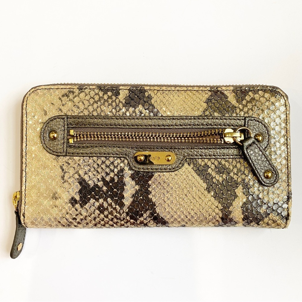 Rafe leather snake skin effect gold metallic zip around wallet